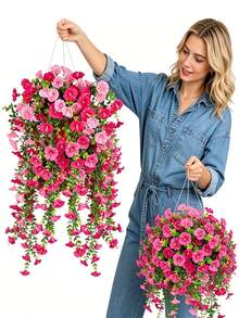 2pcs Artificial Violet & Eucalyptus Flower Wall Decor, Rose Pink Dawn Flower Wall Hanging, Waterproof, Vivid Flowers With Green Leaves, Suitable For Indoor And Outdoor Decoration, Wedding, Porch, Yard, Garden, Realistic Plastic Flowers For Various Occasions - Multicolor - View 7