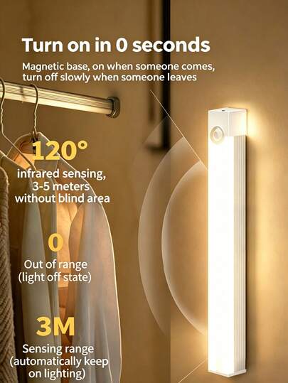 1个带感应器的衣柜灯 - 自动感应夜灯，自动开启LED灯带，磁吸式设计，亮度可调，电池供电，USB充电，适用于衣柜、橱柜、楼梯、走廊、卧室、书房、台面、橱柜下照明、台灯、厨房灯、厨房配件、家居装饰、LED灯
