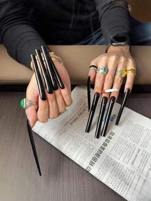 10入組手工黑色10cm超長芭蕾形假指甲片，美甲用品，可重複使用，易貼易卸，適合女性日常配戴、派對、婚禮及節日，附果凍膠、指甲銼條及其他美甲工具 - 黑色 - 查看 9