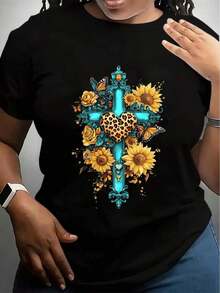 Camiseta de Cuello Redondo con Estampado de Girasol para Mujer, Top Casual de Manga Corta Cómodo para Primavera y Verano, Camiseta de Cuello Redondo Suave y Elástica, Lavable a Máquina, Corte Regular para Atuendo Casual, Camisetas para Damas, Ropa para Todas las Temporadas, Camiseta con Diseño Divertido - 1 - Ver 1