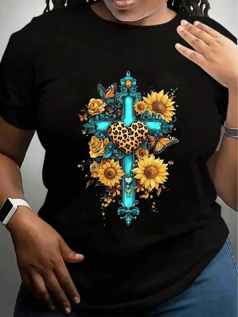 Camiseta de Cuello Redondo con Estampado de Girasol para Mujer, Top Casual de Manga Corta Cómodo para Primavera y Verano, Camiseta de Cuello Redondo Suave y Elástica, Lavable a Máquina, Corte Regular para Atuendo Casual, Camisetas para Damas, Ropa para Todas las Temporadas, Camiseta con Diseño Divertido - 1 - Ver 1