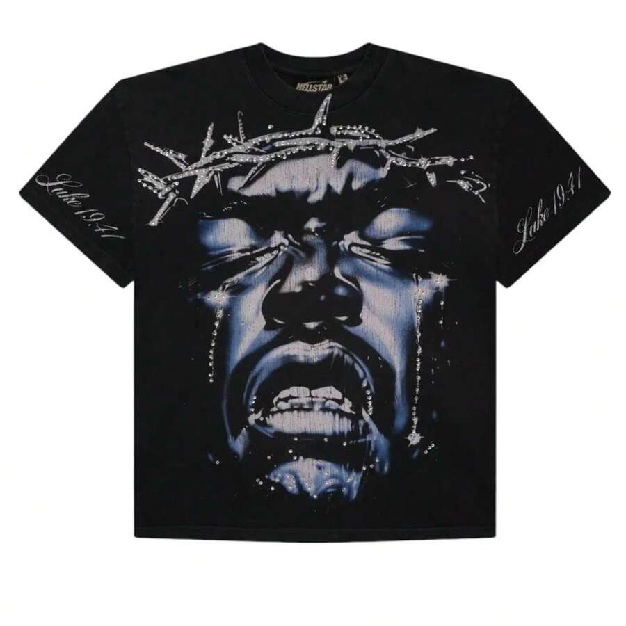 HELLSTAR Men's Crown Of Thorns Jesus Portrait Rhinestone Graphic Oversized T-Shirt, Casual Cotton Short Sleeve Tee - Black - View 1