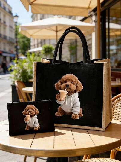 黑色手提包，饰有可爱的泰迪狗图案，连帽衫上印有正在喝奶茶的小狗图案，亚麻购物袋配有化妆收纳袋，适合周末商务旅行，多功能购物包，女士亚麻大容量手提包。