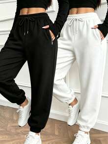 Women's Elastic Waist Drawstring Jogger Pants With Side Zipper Pockets, Casual Sporty Sweatpants For Daily Commute, Spring/Autumn Sports Black - Black - View 8
