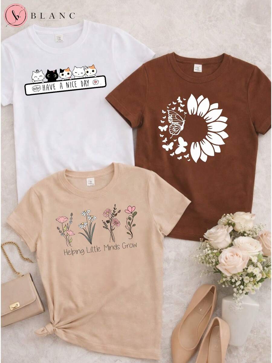 Set Of 3 Blouses With Kitten, Flower, Heart, And Animal Print - - 100% Cotton - Plus Size. - D/BROWN/BEIGE/WHITE - View 1
