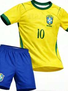 Kids' Set, Brazil National Team, Blue, Black, Embroidered, Shorts, Shirt - Vàng 08 - Xem 1