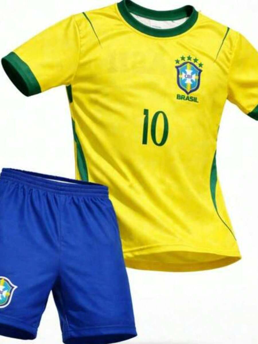 Kids' Set, Brazil National Team, Blue, Black, Embroidered, Shorts, Shirt - Vàng 08 - Xem 1