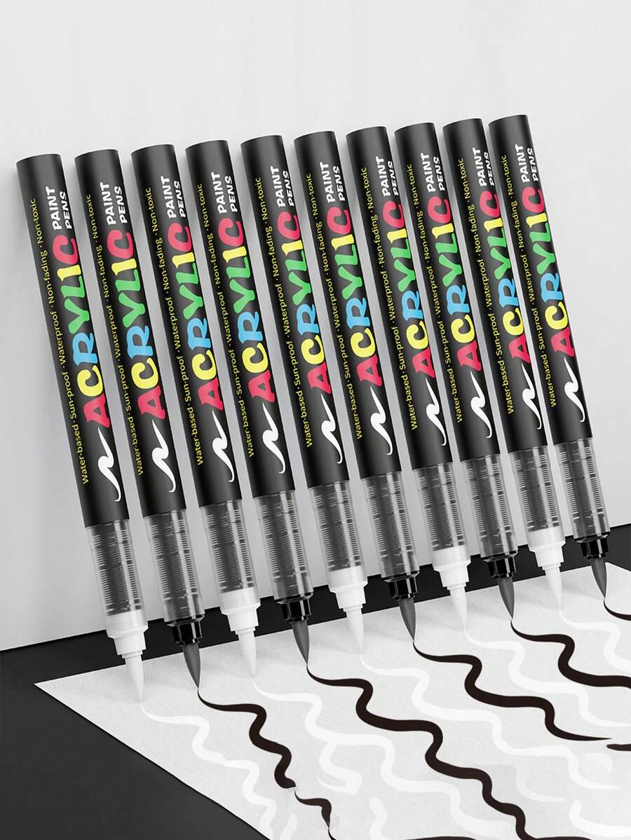 8 piezas Flysea Marcadores de pintura acrílica negro y blanco, sistema de tinta libre con punta de pincel a base de agua, marcadores acrílicos para pintar rocas, piedras, cerámica, vidrio, madera, lienzo, suministros de manualidades y arte DIY - A - Ver 1
