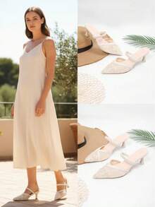 1 Pair Silver Color Pointed Toe High Heel Sandals For Teenage Girls, Soft & Breathable Mesh Embroidered Fabric, Slip-On Design, Stylish Wedge Heel, Suitable For Party, Shopping, Travel & Vacation, Summer New Arrival - Apricot - View 9