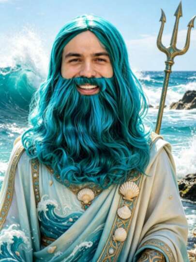 Conjunto de peluca y barba larga y rizada de color azul-verde, de textura natural y esponjosa, adecuado para cosplay, fiesta de Halloween, obra de teatro temática y juego de roles de personajes mitológicos