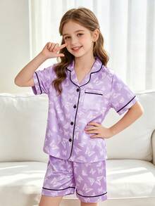 2pcs Tween Girl Purple Butterfly Short Sleeve Shorts Pajama Set - Multicolor - View 5