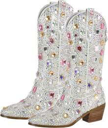Women's Rhinestone Cowboy Boots, Mid-Calf Western Boots, Sparkling Women's Cowboy Boots, 2-Inch Heel, Slip-On Mid-Calf Boots, Stylish Riding Boots - 寶石銀 - 查看 1