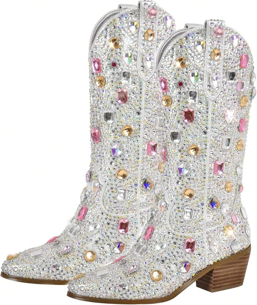 Women's Rhinestone Cowboy Boots, Mid-Calf Western Boots, Sparkling Women's Cowboy Boots, 2-Inch Heel, Slip-On Mid-Calf Boots, Stylish Riding Boots - 寶石銀 - 查看 1