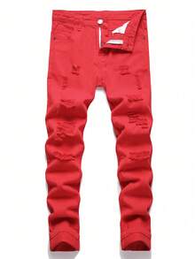 Quần jean denim rách họa tiết mạng nhện dành cho bé trai tuổi teen - Đỏ - Xem 1