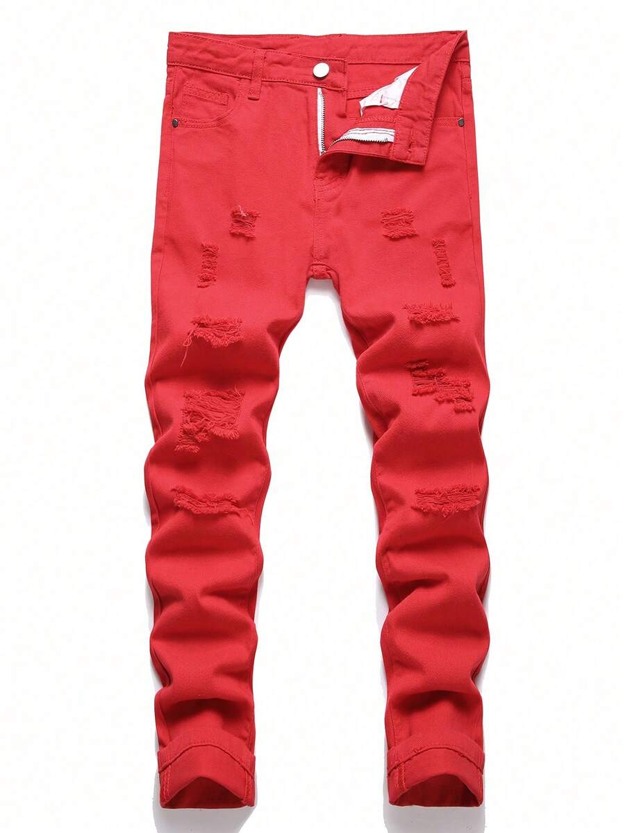 Quần jean denim rách họa tiết mạng nhện dành cho bé trai tuổi teen - Đỏ - Xem 1