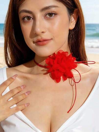 imoli 1pc Bohemian Style Polyester Handmade Fabric Red Flower Necklace, Suitable As Gift For Women On Beach Vacation