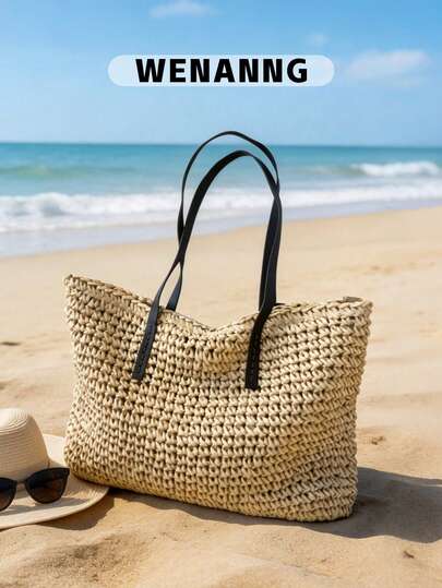 1 Pc Large Capacity Woven Tote Bag , Zipper Closure Beach Bag, Lightweight Top Handle Boho Shoulder Bag,Summer Straw Bag,For Women/Girls/Teens/Youngster, For Vacation, Commute, Travel, Daily Use