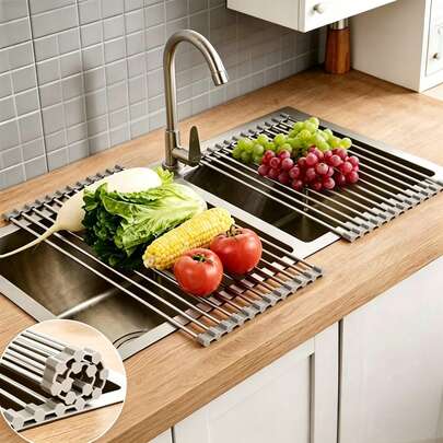 Rejilla plegable de acero inoxidable y silicona para secar platos - Organizador plegable para fregadero de cocina en negro/blanco