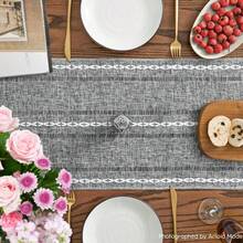 Camino de Mesa de Lino de Algodón Rústico Beige, Decoración de Mesa de Cocina y Comedor Bordada Estacional con Calados para Decoración del Hogar y Fiestas 13x72 Pulgadas - Gris oscuro - Ver 4