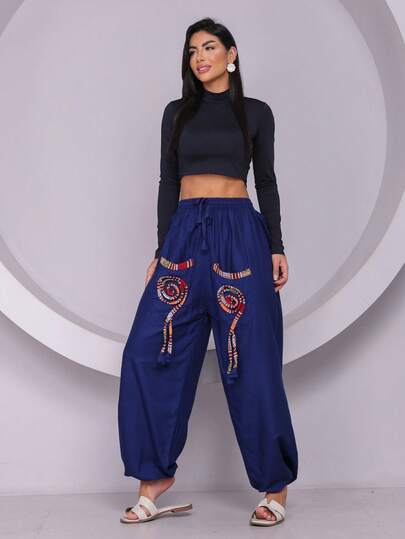 Calça Saruel Feminina Boho Indiana com Bolsos e Cós Ajustável