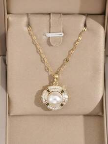1pc Stainless Steel Chain Round Pendant Necklace, Ins Chic Retro Luxury Minimalist Versatile Necklace For Women, Suitable For Street, Daily, Holiday, Party Wear (Packed In OPP Bag) - Gold - View 4