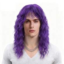 Joyluck 男士紫色长卷发假发，合成纤维假发，带刘海，摇滚风格假发，适合角色扮演、万圣节派对 - 彩色 - 查看 1