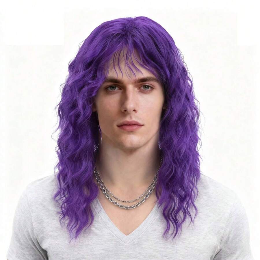 Joyluck 男士紫色长卷发假发，合成纤维假发，带刘海，摇滚风格假发，适合角色扮演、万圣节派对 - 彩色 - 查看 1