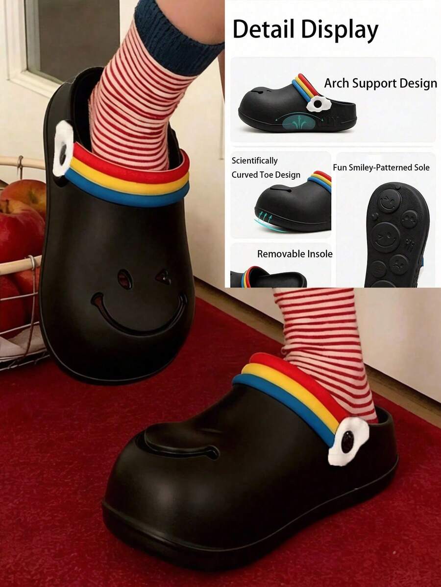 Women's Thick Sole Sandals, Waterproof Platform Closed Toe Slippers, Cute Smiling Face Pattern, Black, Summer Outdoor Wear, Fashionable Slip-On, Anti-Slip Breathable Elastic Shock-Absorbing, Suitable For Girls And Students, Spring And Autumn