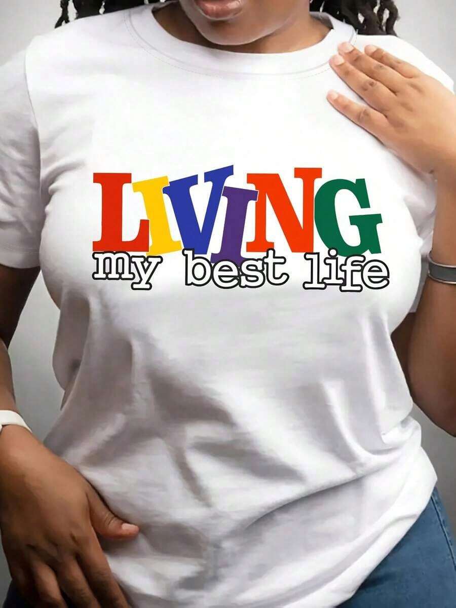 Living My Best Life Camiseta Gráfica Colorida para Mujer - Cuello Redondo Casual, Manga Corta, Transpirable - Lavable aáquina, Tela Suave y Cómoda UUQY - Blanco - Ver 1
