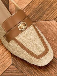 Women's Slingback Round Toe Color Block Linen Backstrap Flat Loafers, Comfortable Low Block Heel Slip-On Shoes For Commuting, Party, Holiday - Brown - View 3