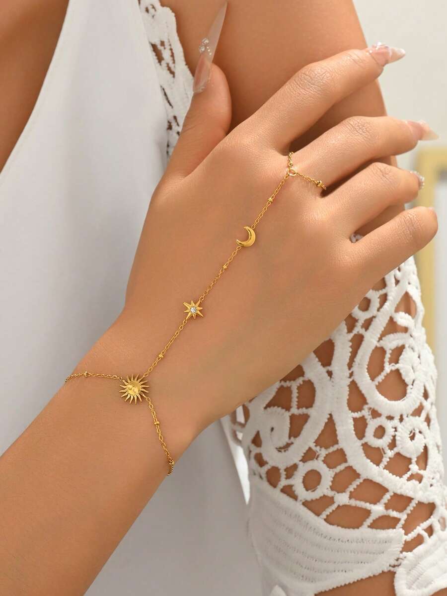 1 pezzo Braccialetto con anello decorato con zirconia cubica, braccialetto alla moda con pendente a forma di stella, luna e sole, gioiello in acciaio inossidabile impermeabile, adatto come regalo per appuntamenti o per l'uso quotidiano di donne - Dorato - Visualizzare 1