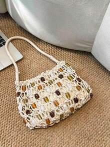 (28cm*18cm*3cm) Women's Shoulder Bag For Beach Vacation, Knitted Bag, Handmade Crochet, Minimalist Hollow-Out Design, Beaded Decor, Lined, Minimalist Handbag, Large Capacity, Meets Daily Needs, Underarm Bag - Multicolor - View 2