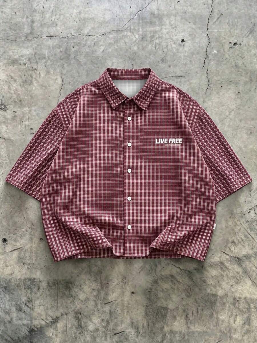 FRACTYR Men's Summer Casual Loose Comfortable Striped Plaid Short Sleeve Shirt, With Gothic Elements, Fashion Versatile Suitable For Street Style - Red - View 1