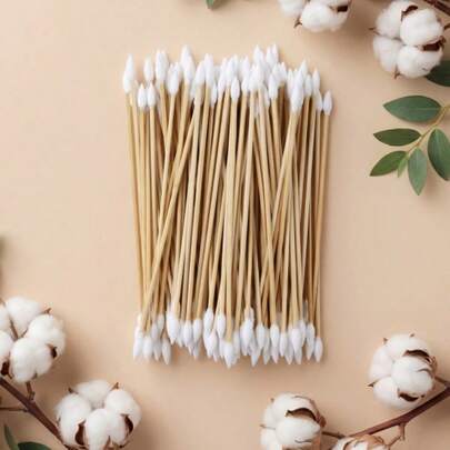 100 PCS Double Pointed Cotton Swabs - Long Handled Bamboo Cotton Swabs - Lint Free High-Efficiency Water Absorbing Precision Cotton Heads, Suitable For Cleaning In Small Spaces