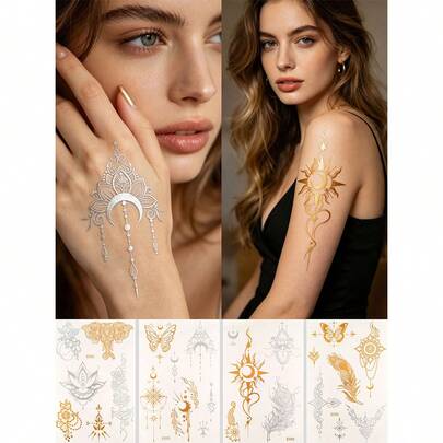 4pcs Bohemian Style Gold Foil Tattoo Stickers, Waterproof & Long-Lasting, Gold & Silver Luxury Aesthetic, Mysterious Exotic Vibe, Unisex Temporary Tattoos For Wrist, Collarbone Decoration, Assorted Designs