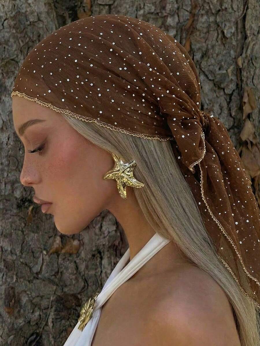 1PC Spring New Women's Solid Color Embroidered Printed Diamond Scarf, Stylish And Simple, Lightweight Casual And Versatile - Brown - View 1