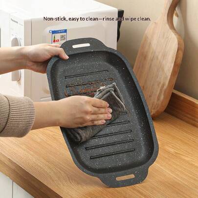Maifan Stone Baking Tray, Reduces Smoke And Oil Usage, Non-Stick, Easy To Clean, Evenly Distributed Heat. Equipped With A Convenient Handle For Carrying, Suitable For 2-3 People Grilling