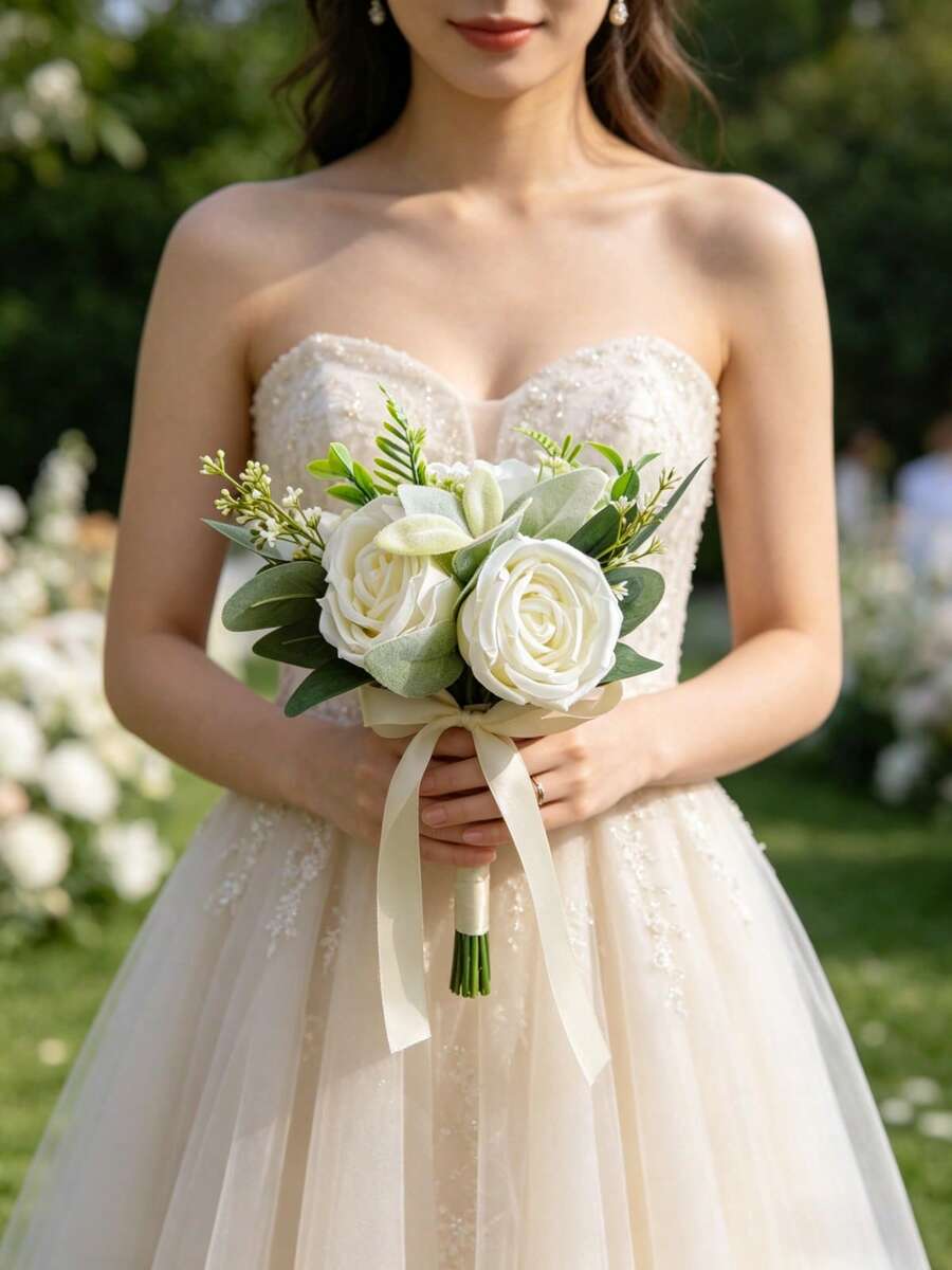 Ivory Artificial Rose Bouquet For Bride & Bridesmaids, Suitable For Wedding, Proposal, Party, Church Decoration - Multicolor - View 1
