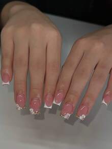10pcs Handmade French Style Sweet Pink 3D Bow Gold Rhinestone Reusable Full Cover False Nails, Suitable For Dates, Daily Wear, And Gifts For Women And Girls - Baby Pink - View 4