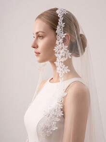 1pc Faux Pearl Bridal Veil, Fingertip Length, Bride Veil With Comb, White/Ivory Lace Trim,Festival,Birthday - Multicolor - View 5