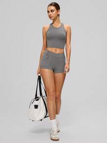 MASKERT Women's Fitted Criss-Cross Camisole And Shorts Set, High Stretch Yoga Fitness 2 Pieces Outfit, Sportswear - Flint Stone - View 9