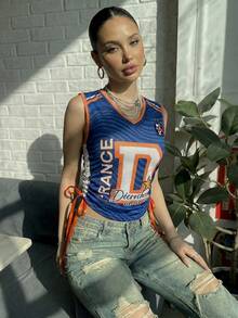 Áo tank top nữ kiểu dáng casual, chất liệu lưới jersey Pháp, cổ chữ V, dây rút, họa tiết chấm bi, ôm sát, thích hợp cho phong cách đường phố, mùa hè, xuân, trang phục mùa hè cho nữ, World Cup. - Màu xanh lam - Xem 4