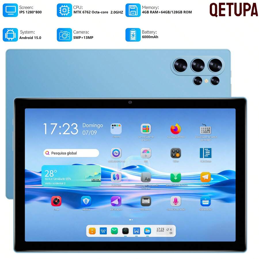 Qetupa Tablet Android 15 de 10.1 pulgadas, 4GB RAM+64GB/128GB ROM, Procesador Octa-Core MTK 6762 2.0GHZ, Pantalla Táctil IPS HD(1280x800), Cámara Frontal 5MP&Cámara Trasera 13MP, Batería 6000mAh, 802.11ac WIFI5 2.4G+5G, BT 5.2, GPS