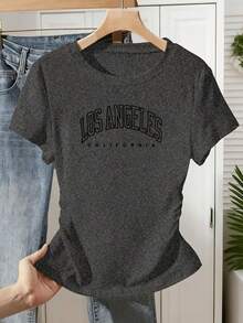 New Women's Pleated Waist-Cinching Round-Neck Short-Sleeve T-Shirt With Los Angeles California Letter Print Design, Stylish And Unique,  Pleated Slim-Fit Top - 深灰色 - 查看 12