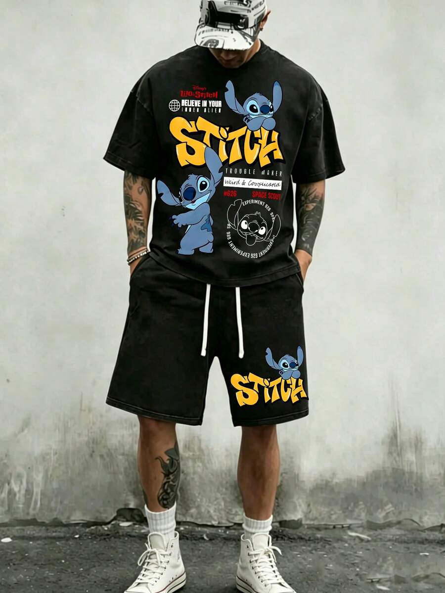 Men's Lilo & Stitch Graphic T-Shirt & Shorts Set, Experiment 626 Stitch Trouble Maker Streetwear, Disney Alien Cartoon 2-Piece Outfit - màu đen - Xem 1