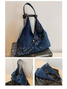 Street-Style Canvas Patchwork Tote Bag Features An Adjustable Shoulder Strap, Multiple Pockets, And A Triangular Design, Making It Suitable For Teenagers, Young Adults, And Working Professionals. Lightweight And Versatile, It's An Ideal Choice For Commuting And Shopping Trips. - Royal Blue - View 4
