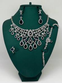 Juego de joyería de 4 piezas con colgante con borla de circonita cúbica con forma de corazón, aretes, pulsera y anillo. Accesorio elegante para fiesta, boda y novia - azul real - Ver 4