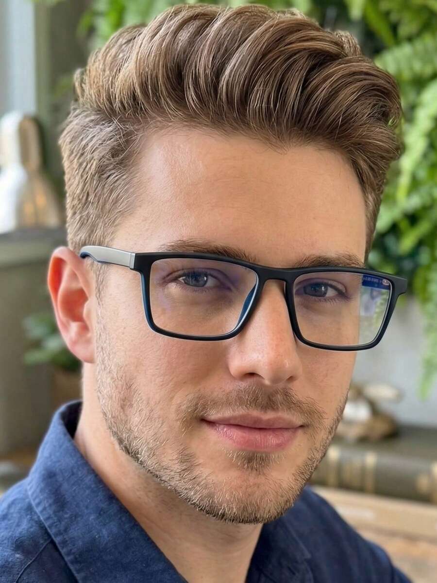 Rectangular Eyeglass Frame For Men, Classic Shape, Casual, Elegant, Durable, Mood, Exclusive Basic Men's, Father's Day Gift, Romeo Model, Made Of Durable And Comfortable Resin - 黑配藍 - 查看 1