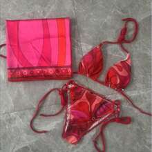Women's Sexy Backless Asymmetrical Tie Back Bandeau Bikini Set With Abstract Swirl Print, Medium Stretch Fabric, Cute And Elegant Swimsuit - 中紫紅色 - 查看 8