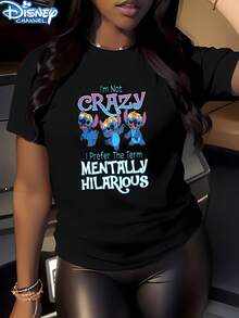 Disney Has Collaborated To Create A Humorous And Quirky Women'S Short-Sleeve T-Shirt Featuring Three Stitch Characters From 'Lilo & Stitch' Adorned With Floral Decorations. This Casual Round-Neck Top Is Perfect For Spring, Summer, And Autumn - màu đen - Xem 1